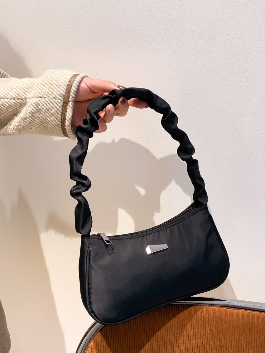 Metal Decor Ruched Detail Baguette Bag