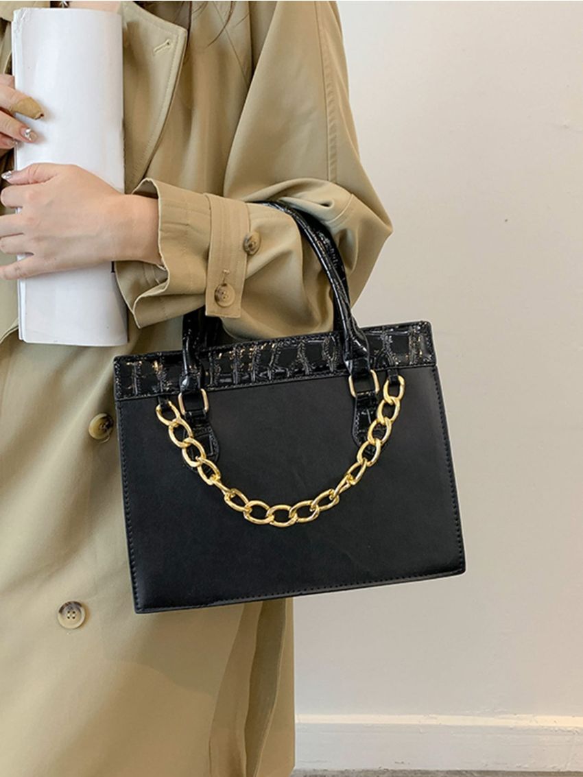 Crocodile Embossed Chain Decor Square Bag