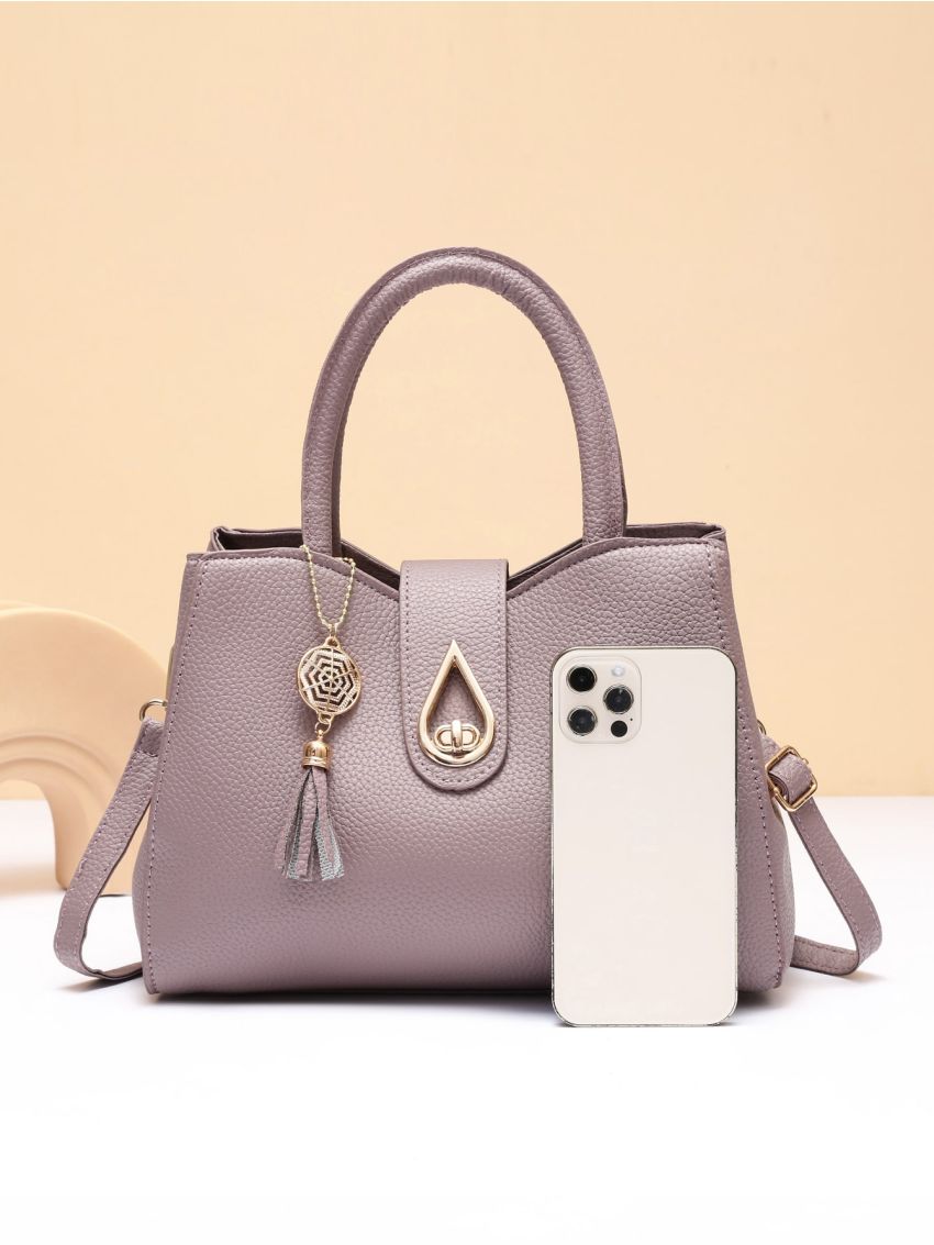 Litchi Embossed Twist Lock Satchel Bag With Tassel Bag Charm, Mothers Day Gift For Mom