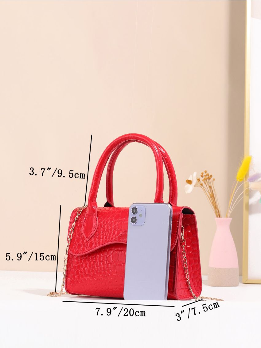 Mini Neon Red Crocodile Embossed Flap Chain Square Bag