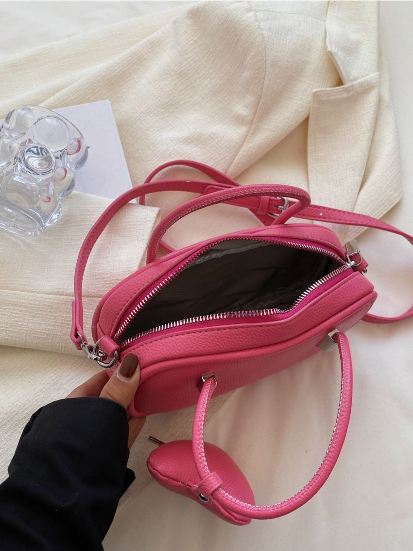 Neon Pink Litchi Embossed Satchel Bag With Bag Charm