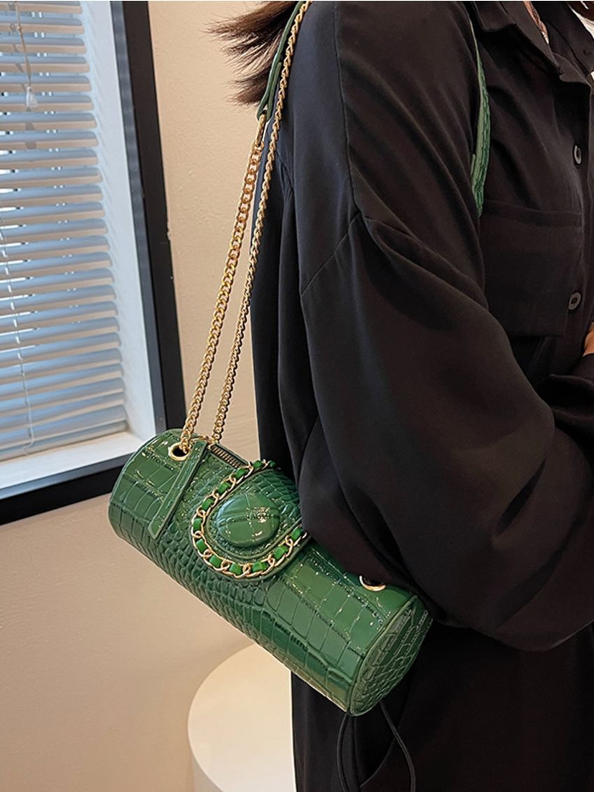 Crocodile Embossed Chain Bucket Bag