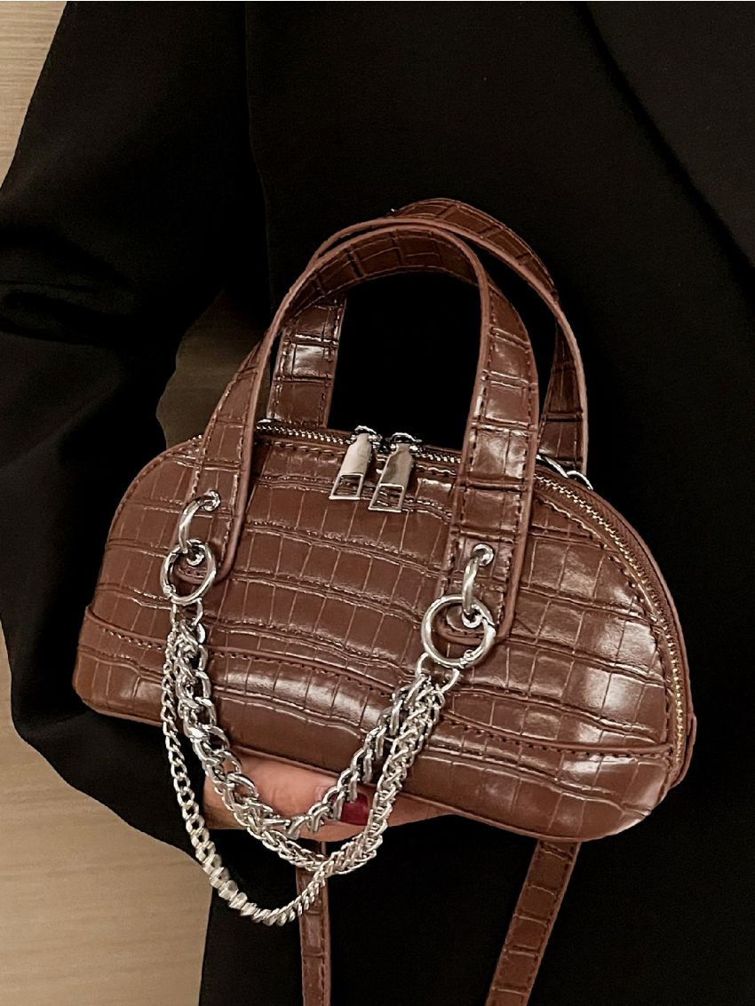 Crocodile Embossed Chain Decor Dome Bag