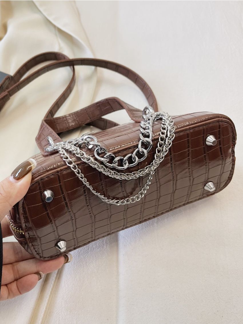 Crocodile Embossed Chain Decor Dome Bag