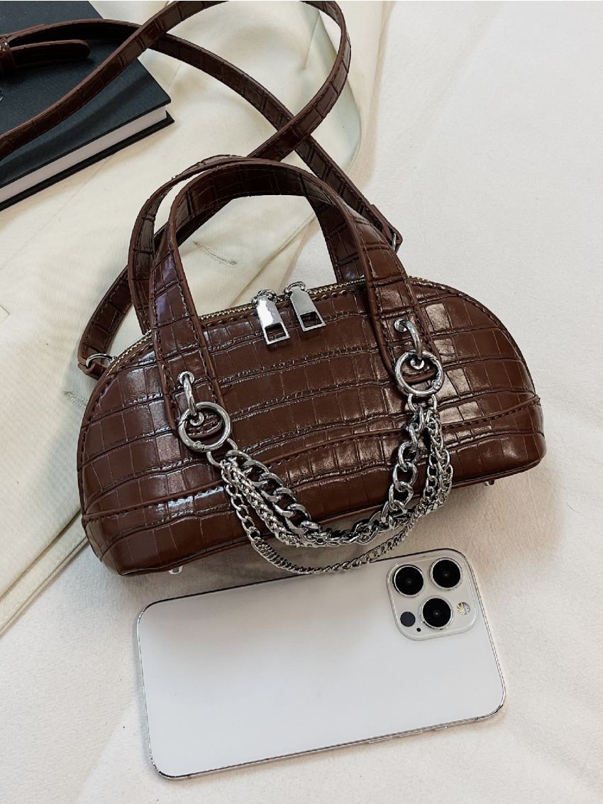 Crocodile Embossed Chain Decor Dome Bag