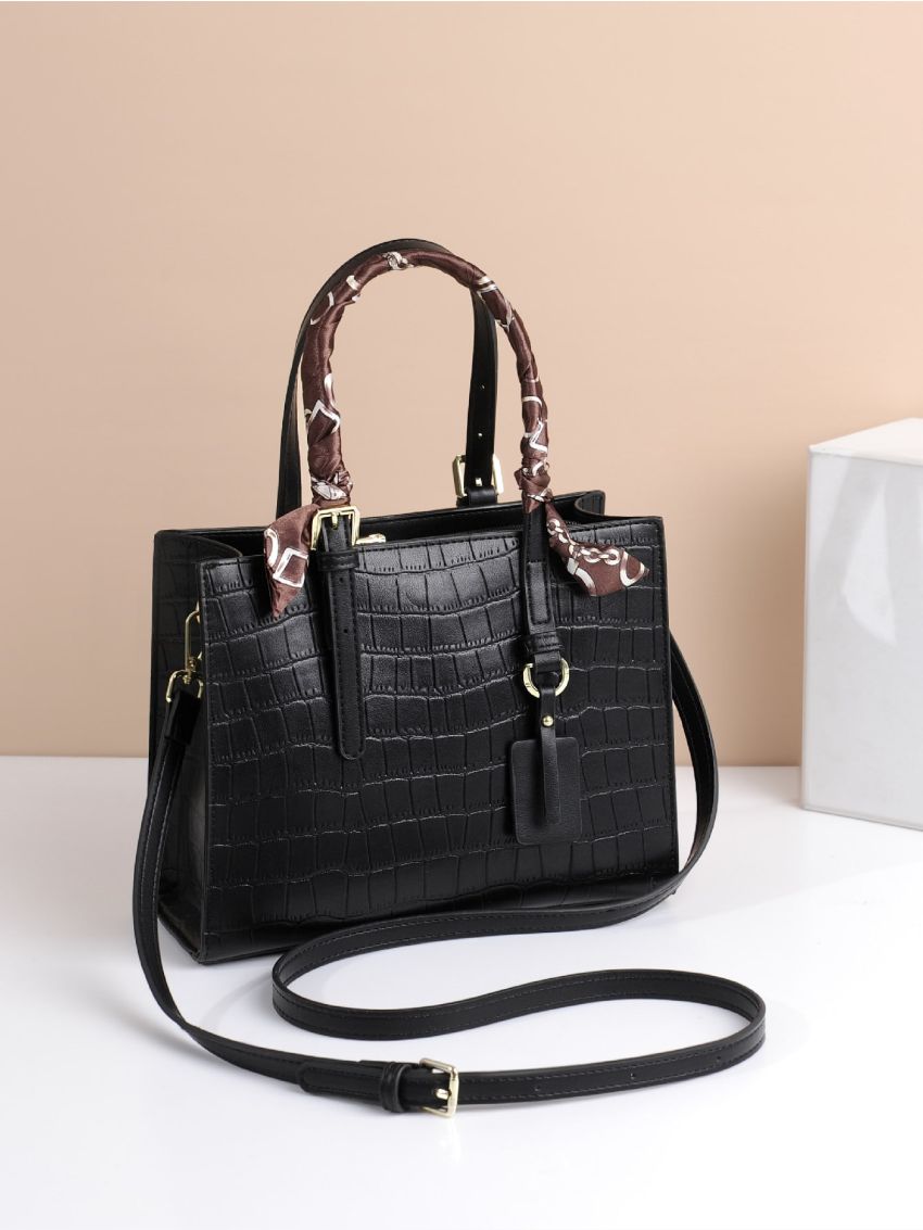 Crocodile Embossed Twilly Scarf Decor Square Bag
