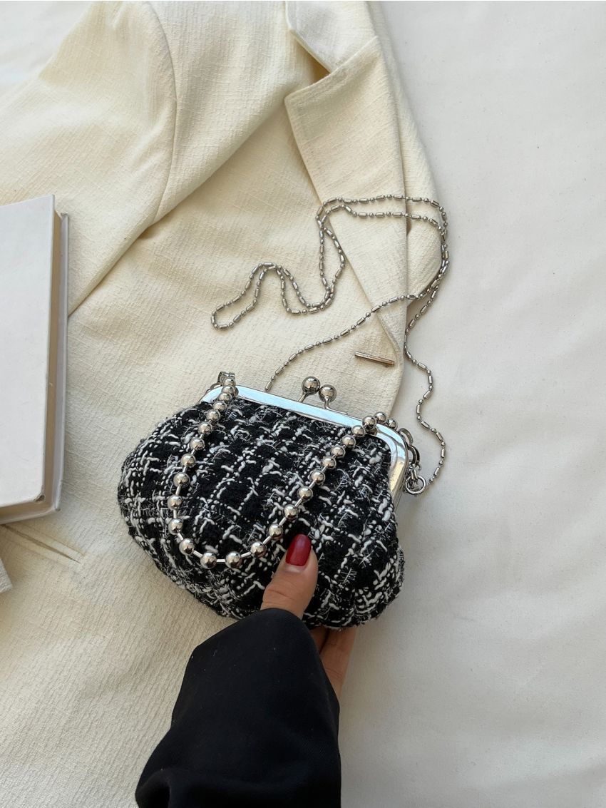 Mini Plaid Pattern Chain Tweed Satchel Bag