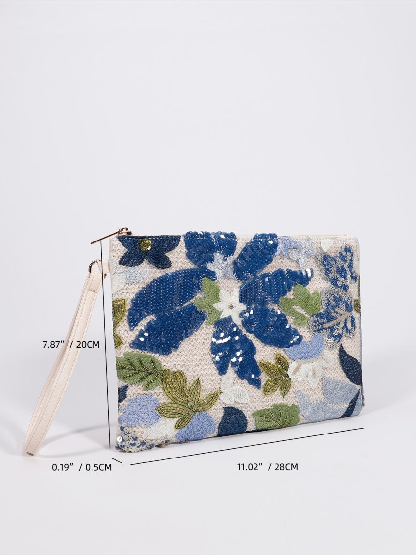 Random Floral Pattern Straw Bag Sequin Decor