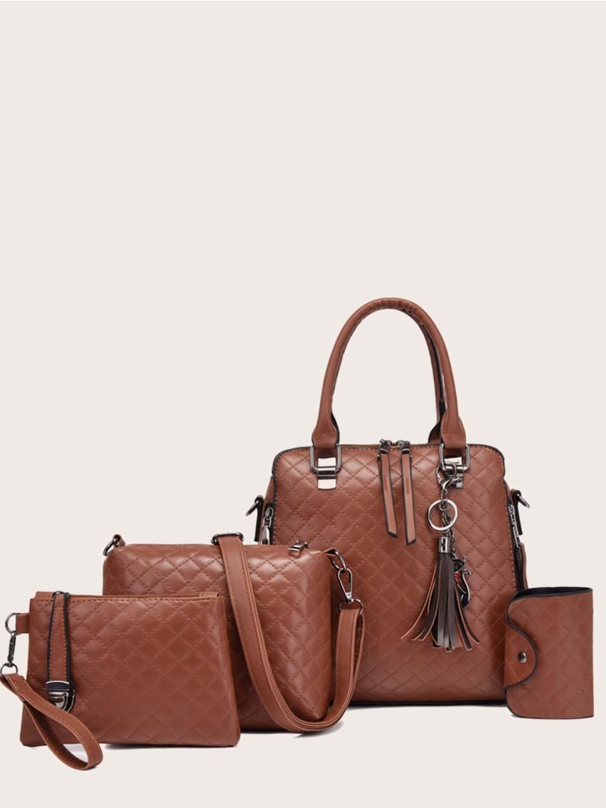 4pcs Quilted Detail Tassel Decor Satchel Bag Set