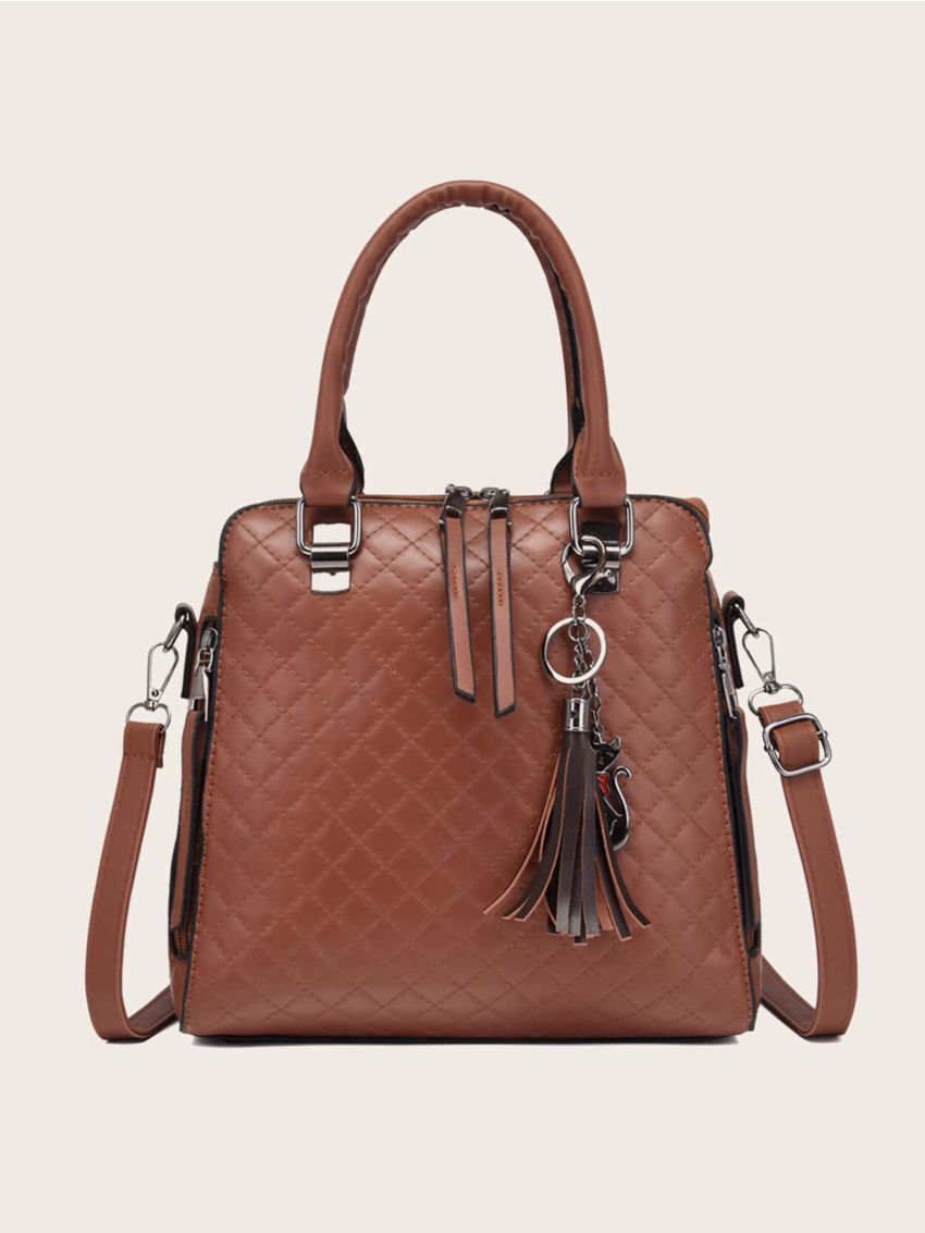 4pcs Quilted Detail Tassel Decor Satchel Bag Set