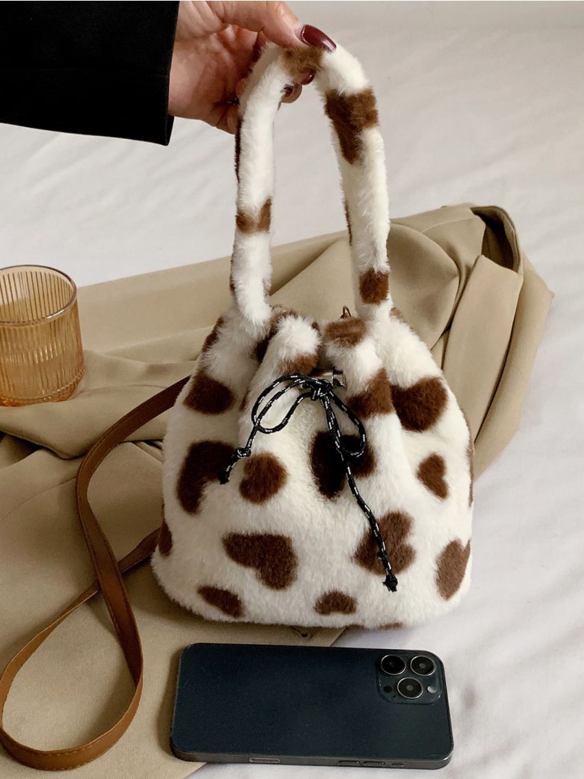 Heart Graphic Fluffy Satchel Bag