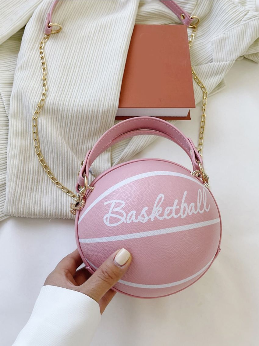 Mini Letter Graphic Basketball Design Circle Bag, Fashion Chain Shoulder Round Bag, Hand Zipper Bag