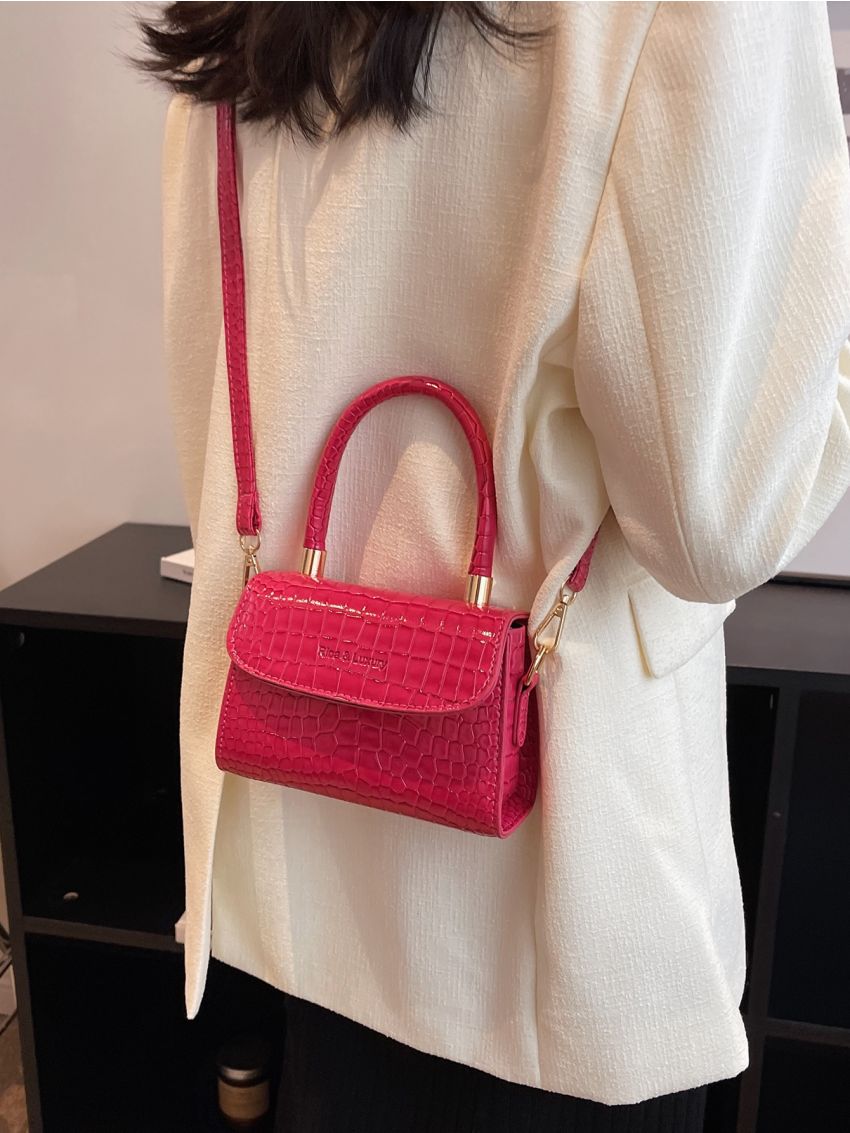 Mini Neon Pink Crocodile Embossed Flap Square Bag