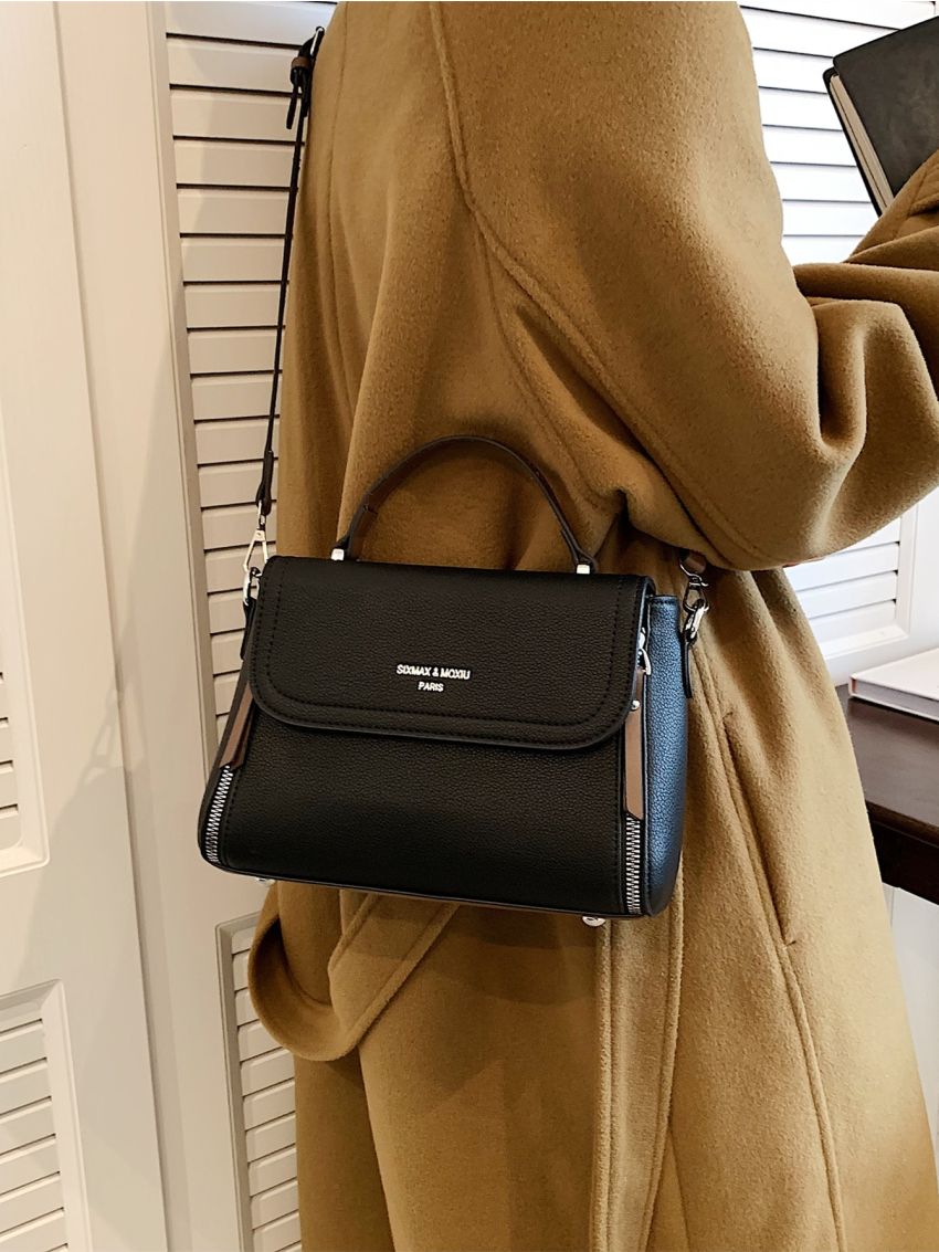 Letter Graphic Flap Satchel Bag