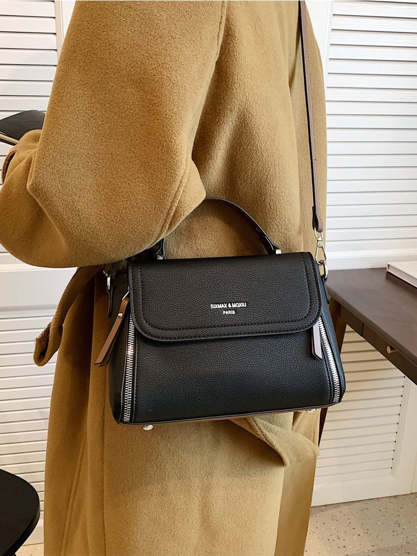 Letter Graphic Flap Satchel Bag