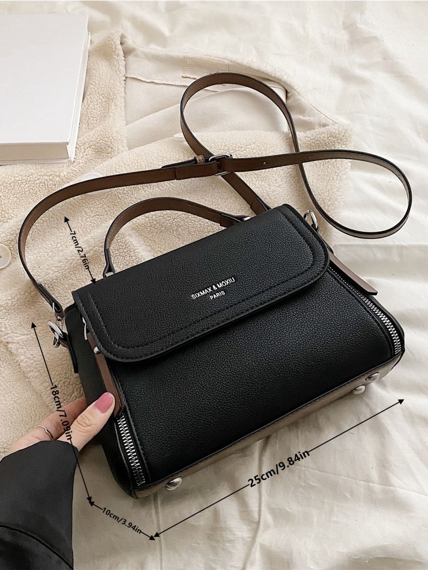 Letter Graphic Flap Satchel Bag