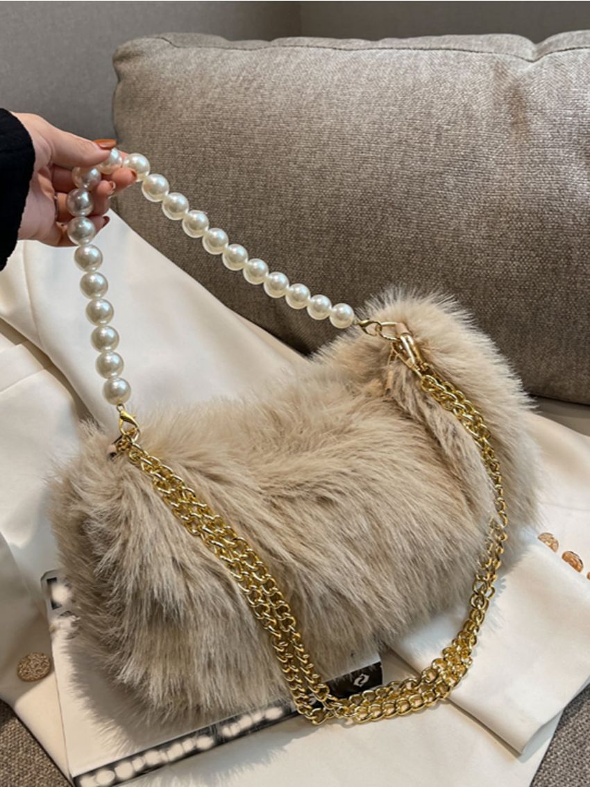 Faux Pearl Decor Fluffy Shoulder Bag