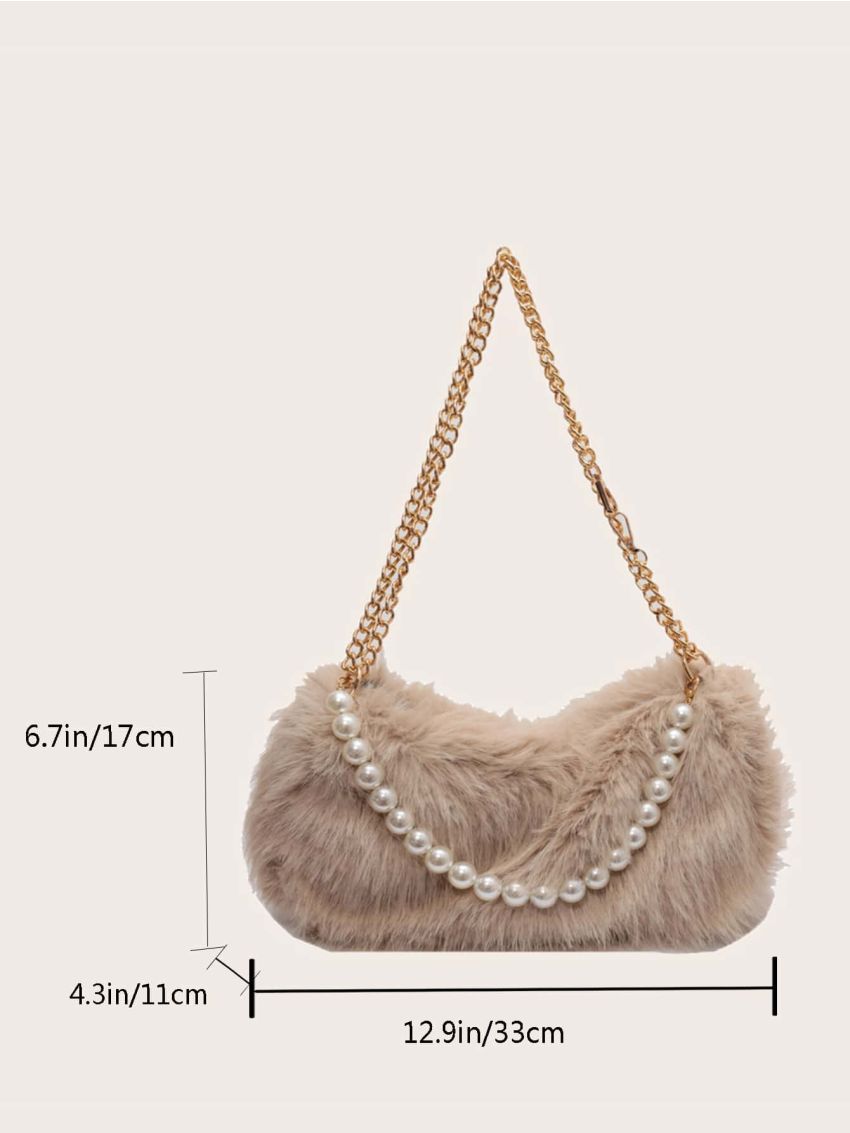 Faux Pearl Decor Fluffy Shoulder Bag