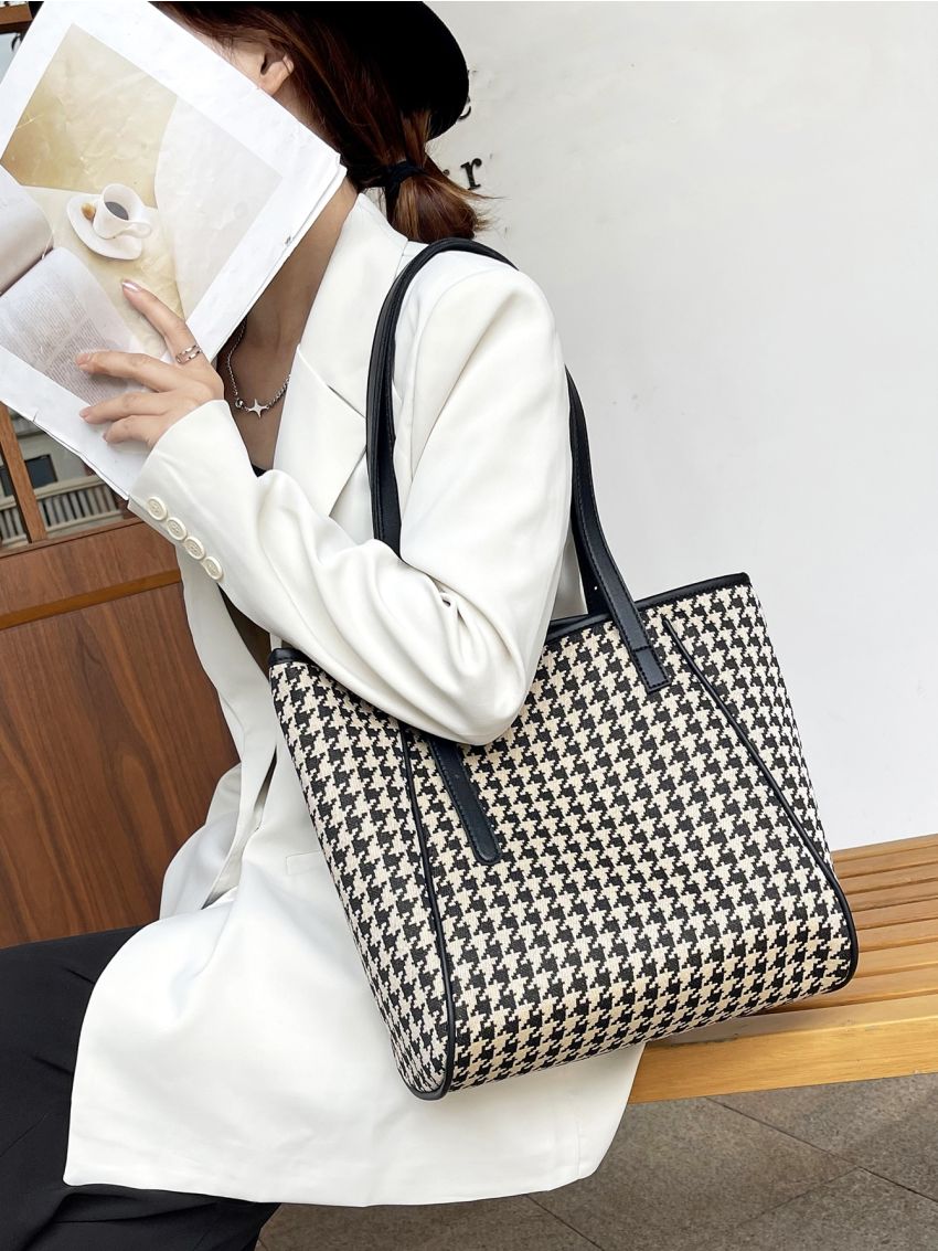 Houndstooth Pattern Shoulder Tote Bag