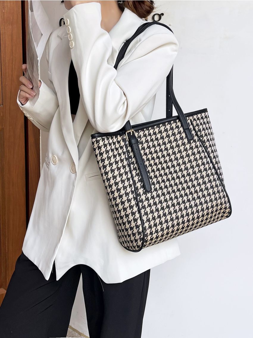 Houndstooth Pattern Shoulder Tote Bag