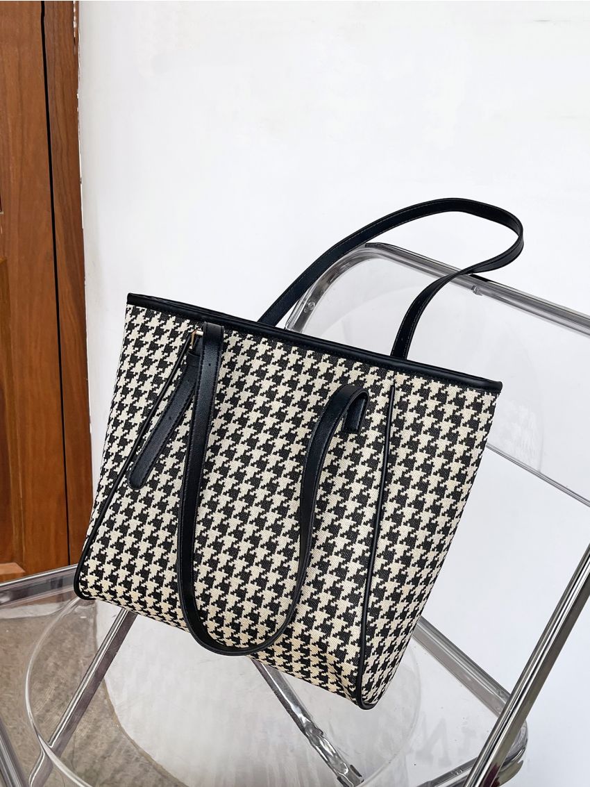 Houndstooth Pattern Shoulder Tote Bag