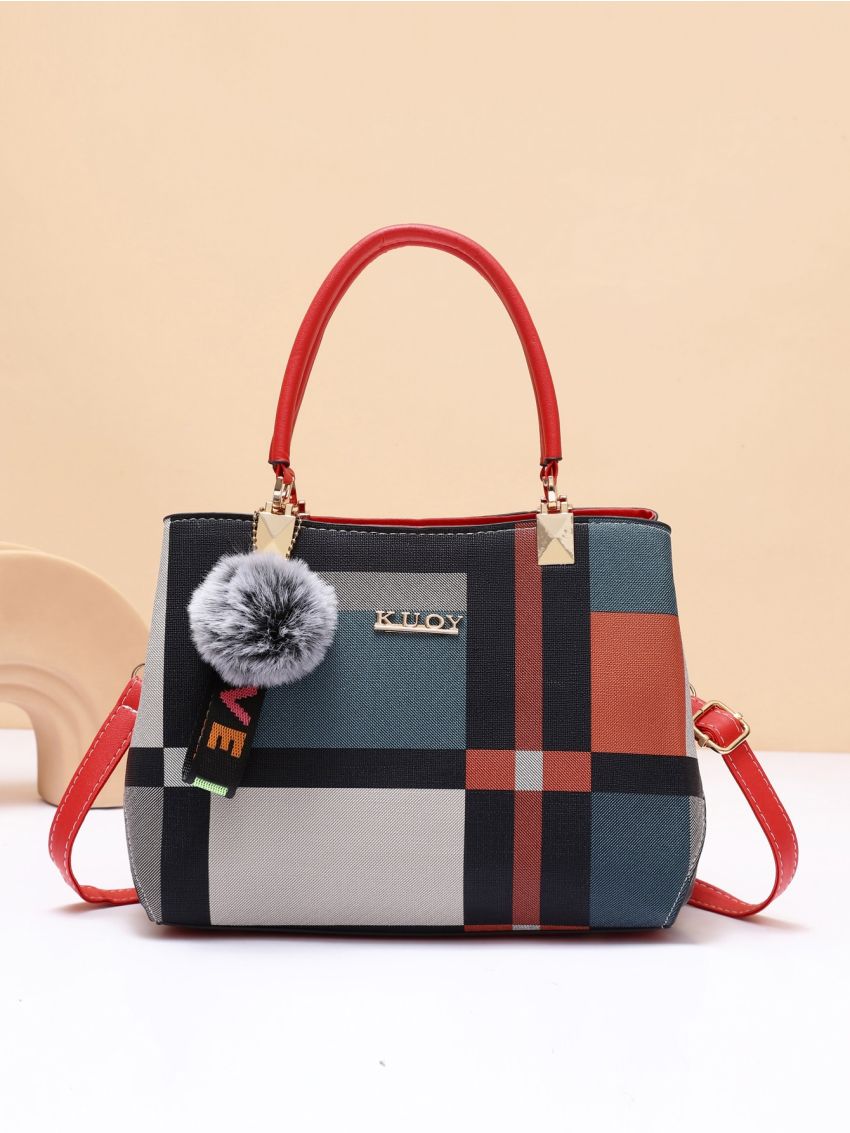 Plaid Pattern Letter Decor Square Bag With Pompom Charm, Mothers Day Gift For Mom