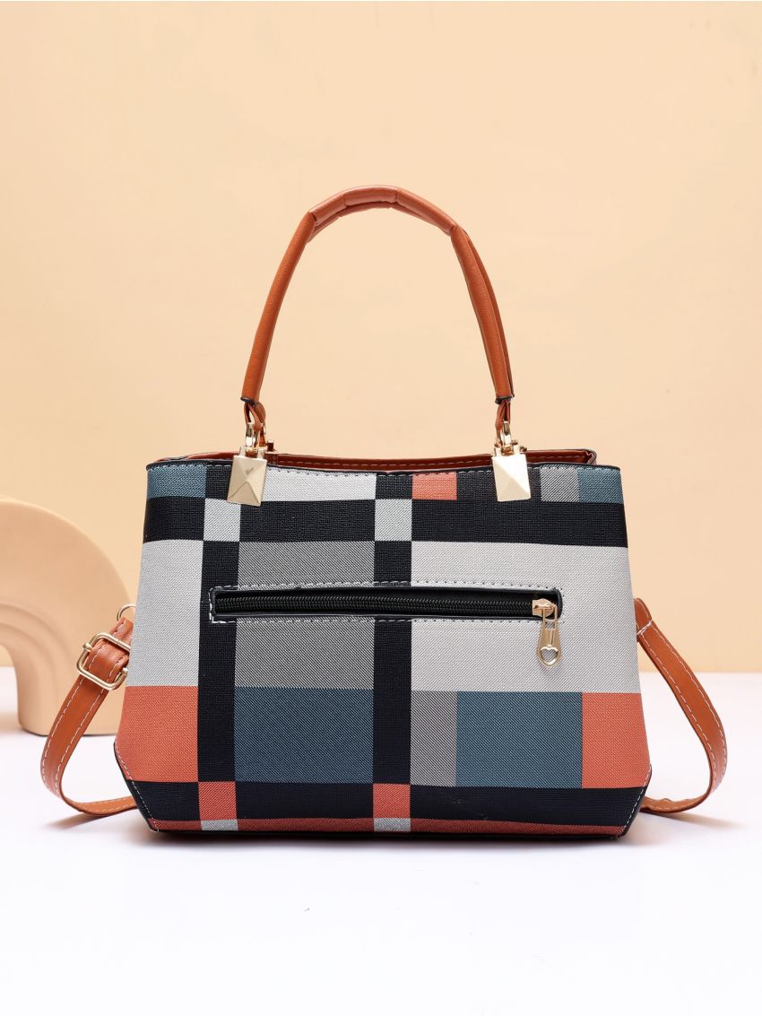 Plaid Pattern Letter Decor Square Bag With Pompom Charm, Mothers Day Gift For Mom