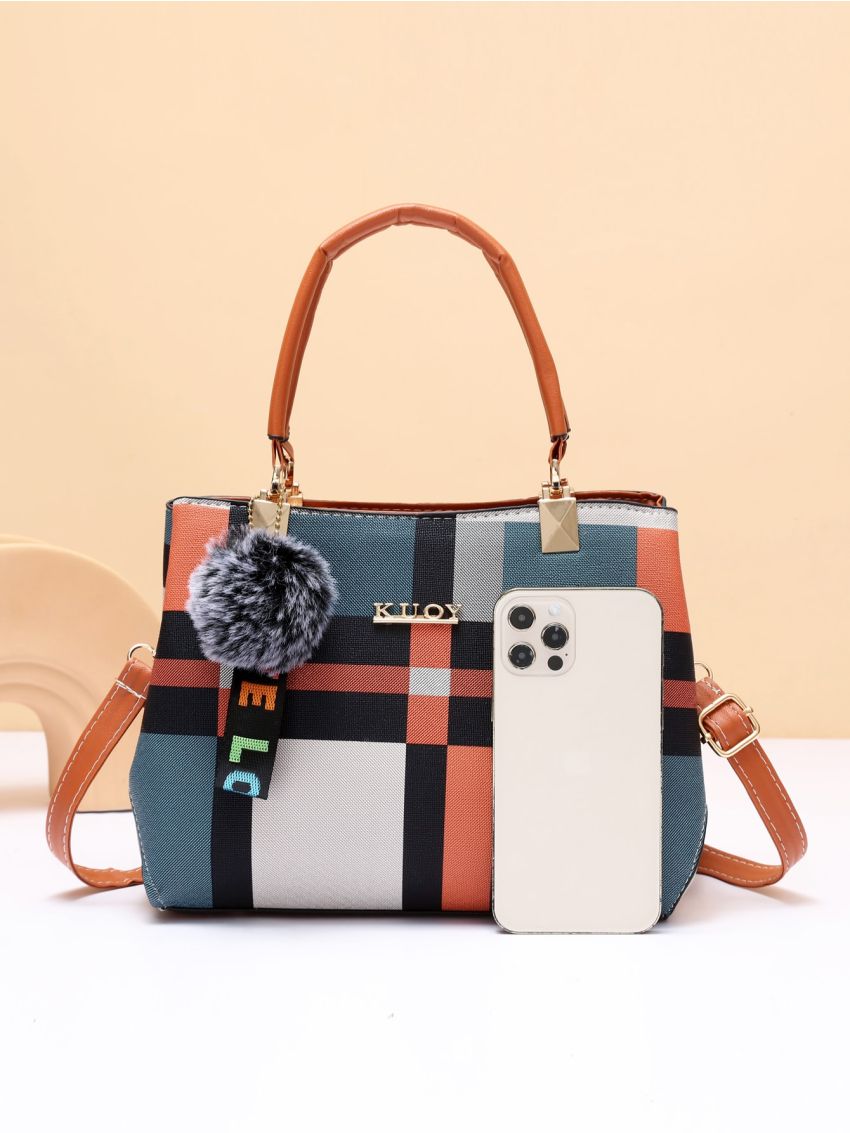 Plaid Pattern Letter Decor Square Bag With Pompom Charm, Mothers Day Gift For Mom