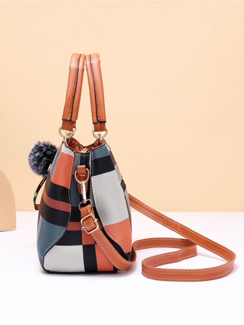 Plaid Pattern Letter Decor Square Bag With Pompom Charm, Mothers Day Gift For Mom