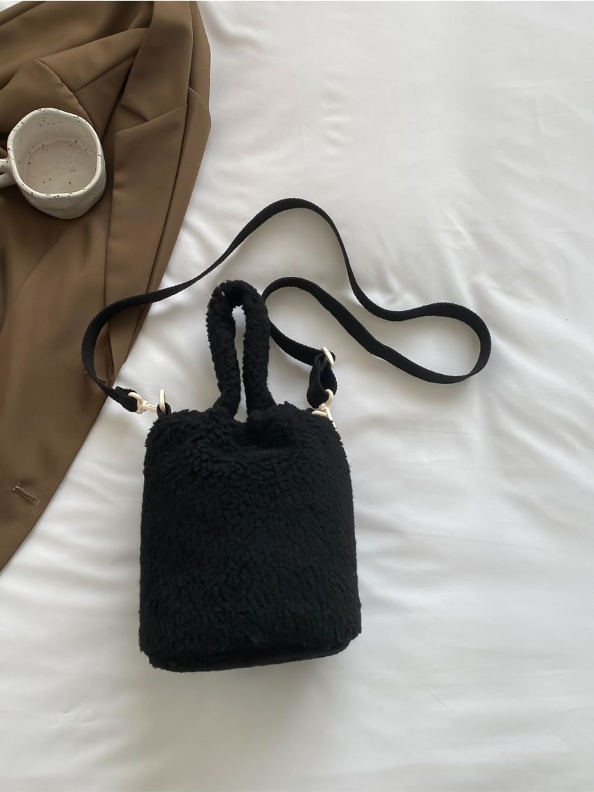 Mini Letter Embroidered Drawstring Design Flannelette Bucket Bag