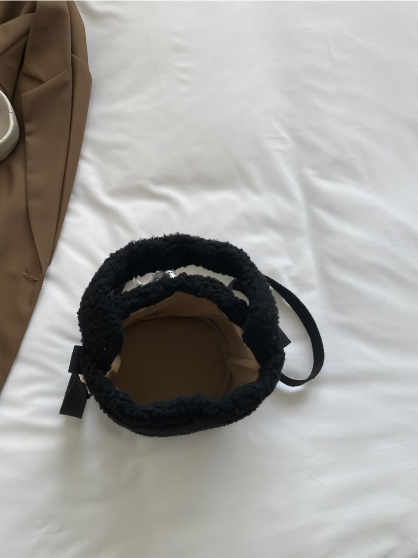 Mini Letter Embroidered Drawstring Design Flannelette Bucket Bag