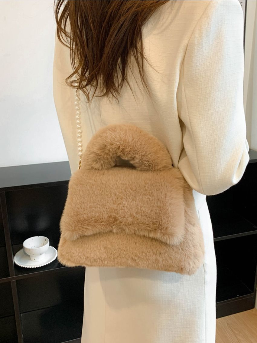 Faux Pearl Decor Fluffy Flap Square Bag