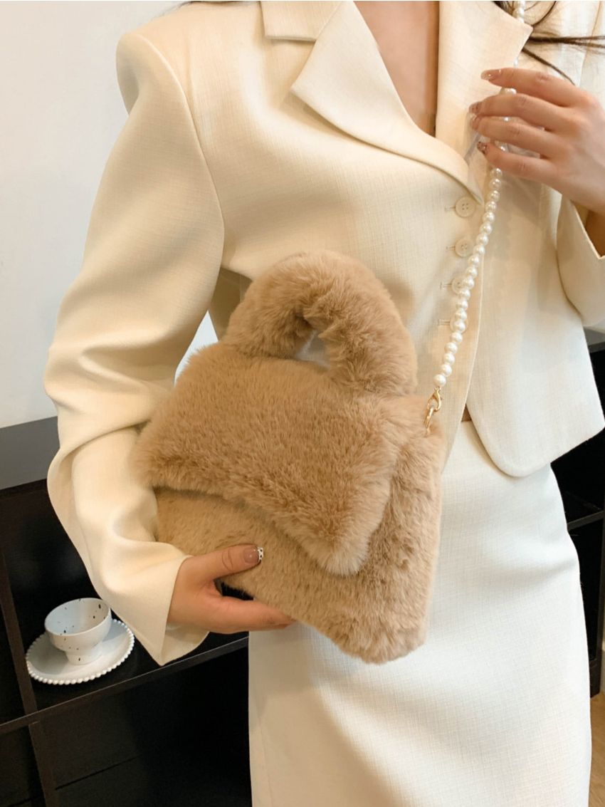 Faux Pearl Decor Fluffy Flap Square Bag