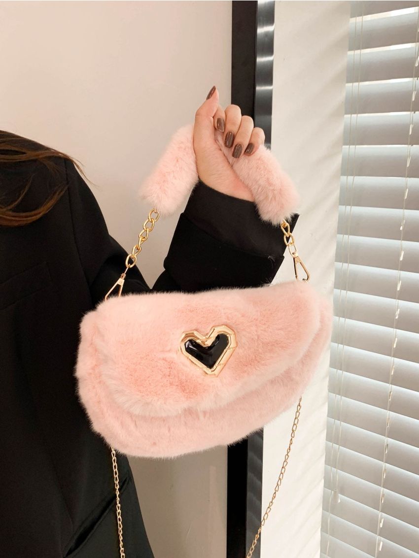 Heart Decor Flap Chain Fluffy Novelty Bag