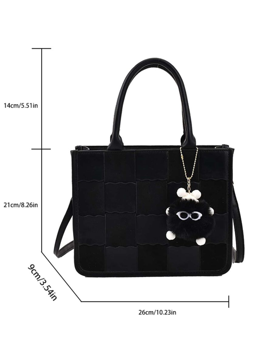 Plaid Textured Square Bag With Pompom Charm
