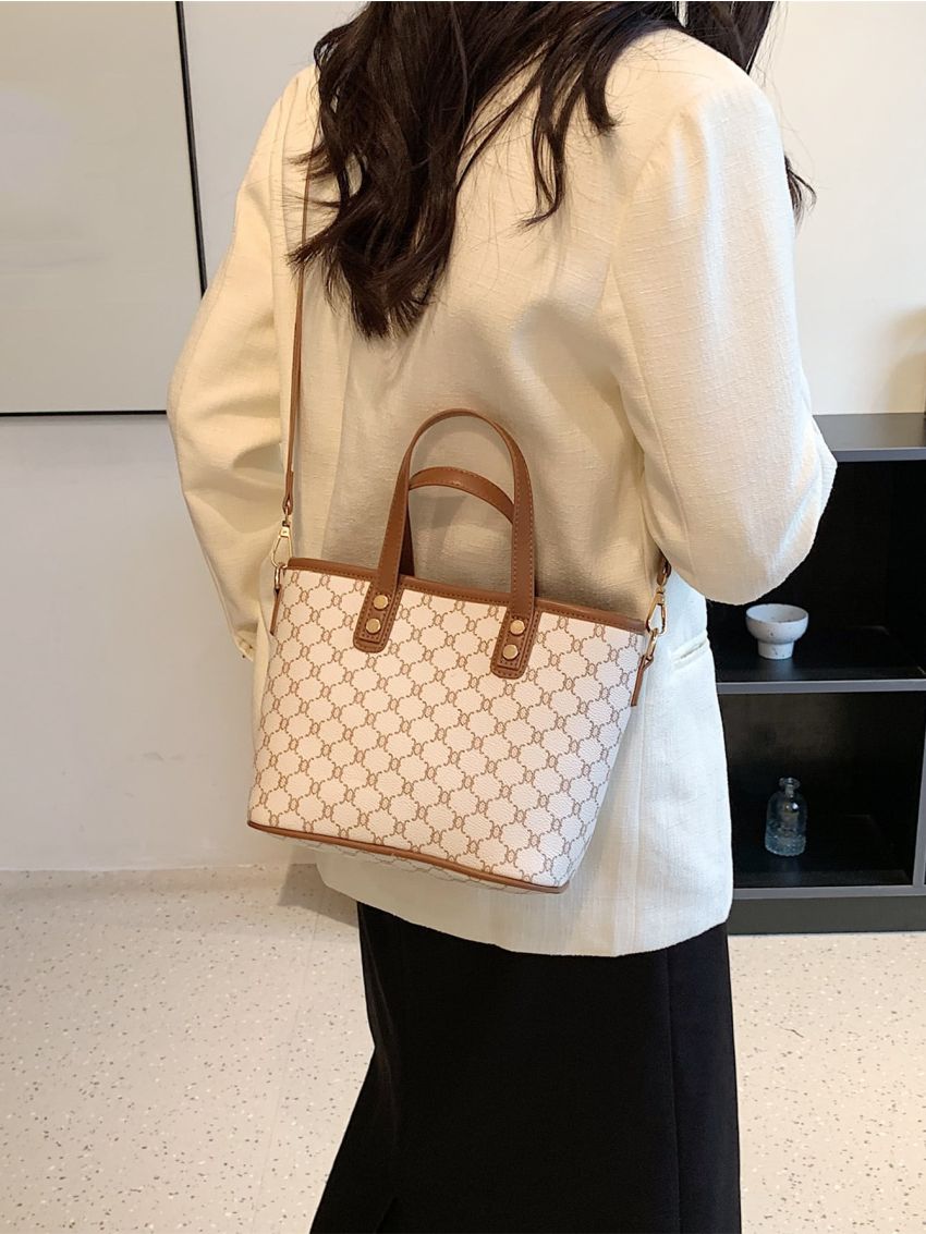 Geometric Pattern Double Handle Bucket Bag