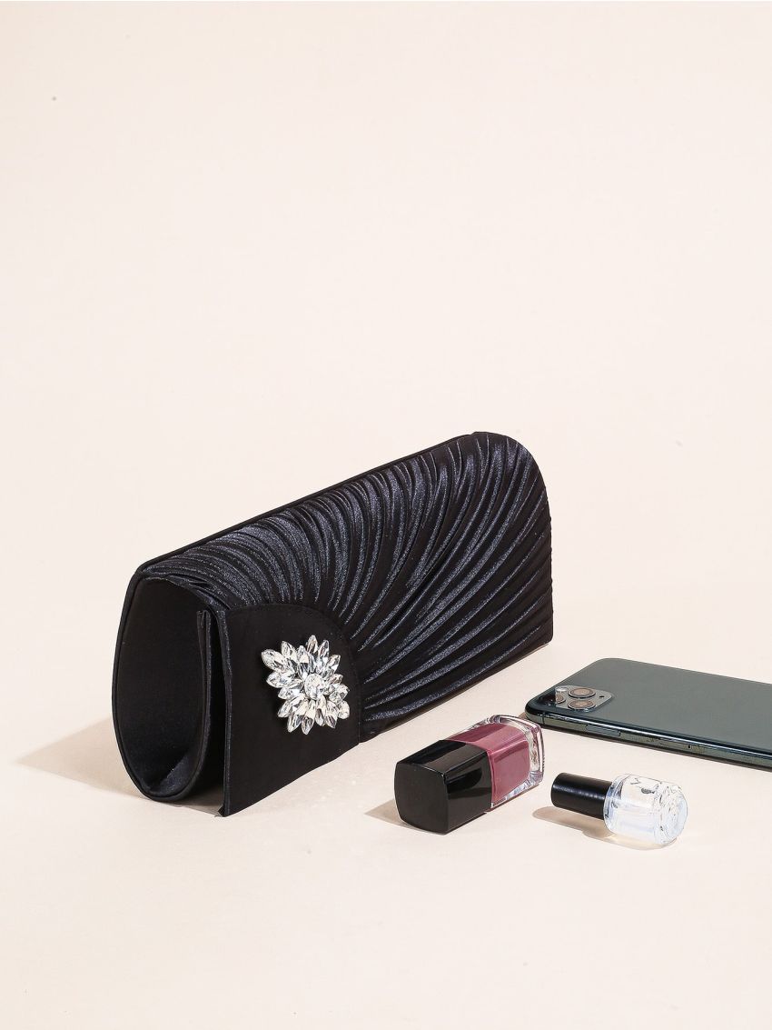 Rhinestone Decor Ruched Detail Flap Square Bag