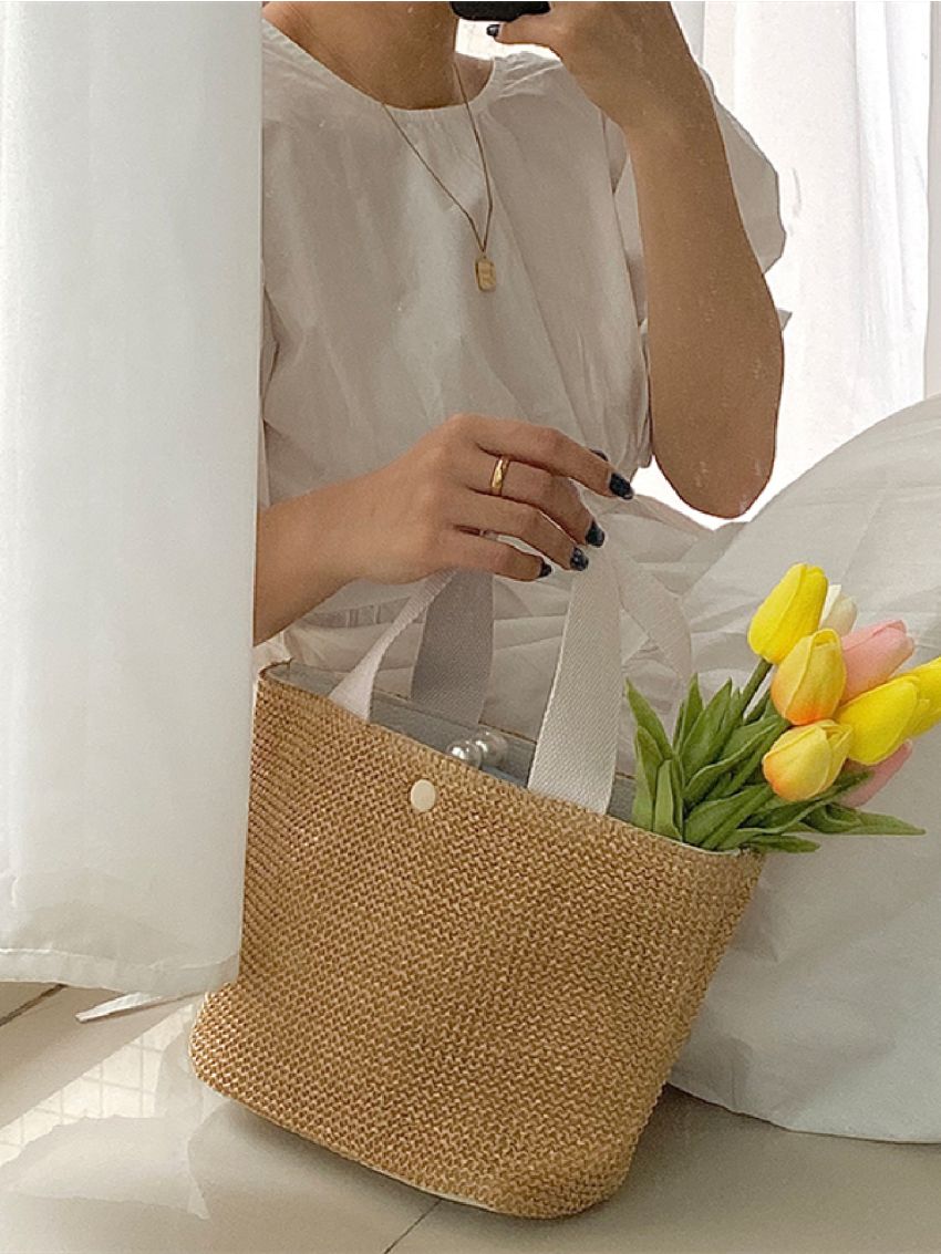 Minimalist Straw Hand Bag, Women's Casual Basket Purse For Outdoor, Simple Shoulder Tote Bag Double Handle Straw Bag