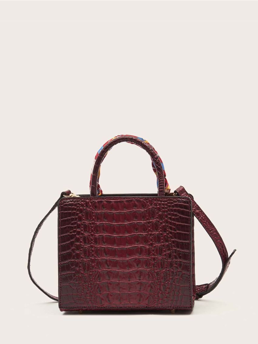 Twilly Scarf Decor Crocodile Embossed Satchel Bag