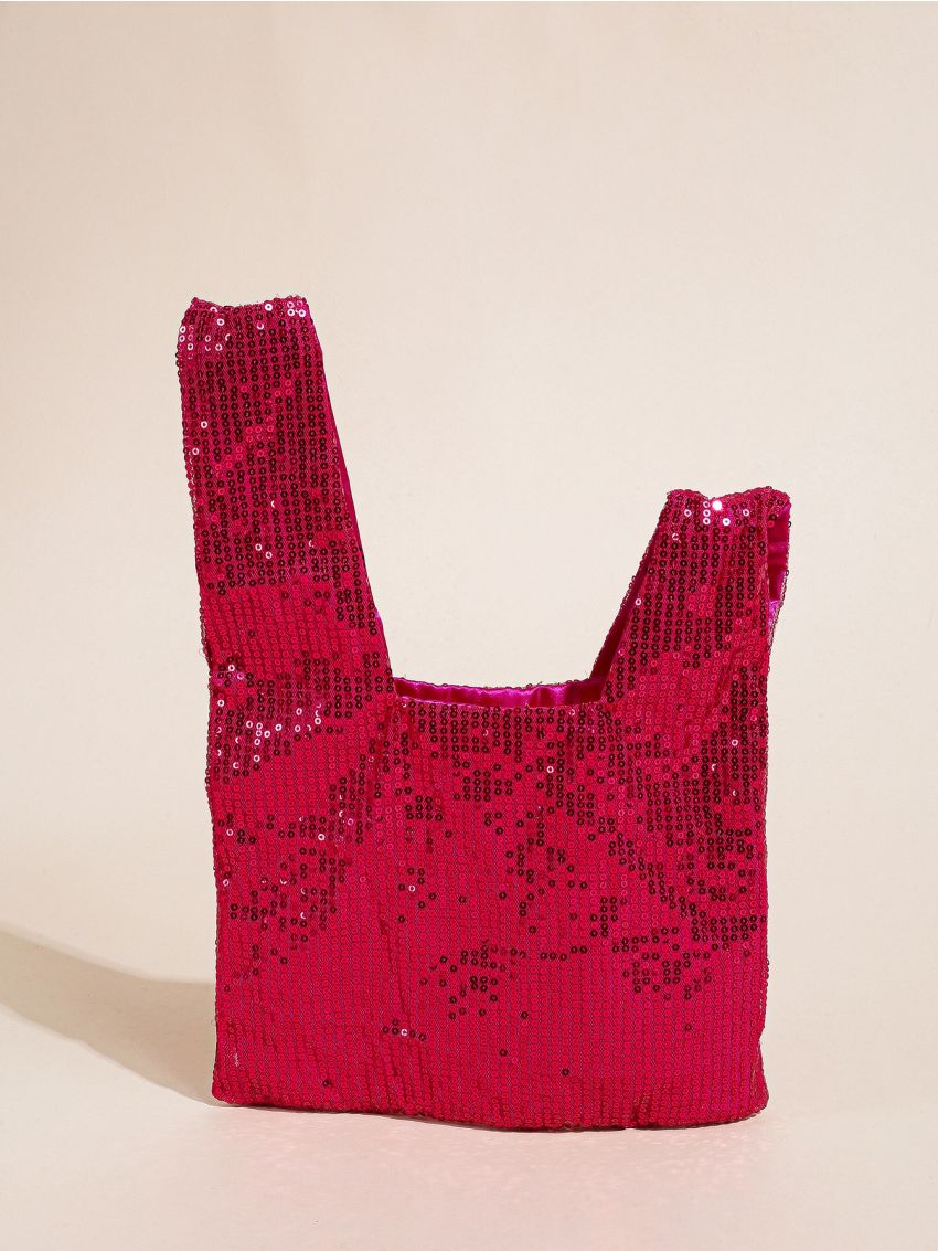 Small Hobo Bag Hot Pink Sequins Decor For Party