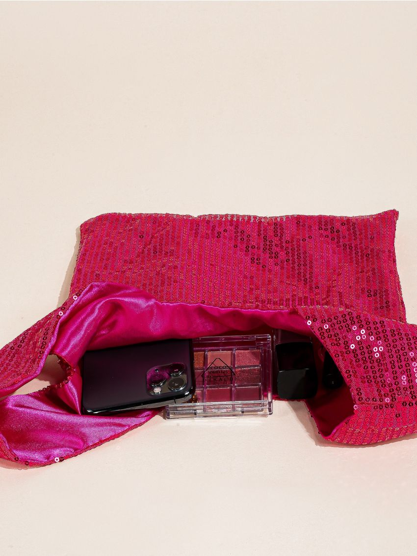 Small Hobo Bag Hot Pink Sequins Decor For Party
