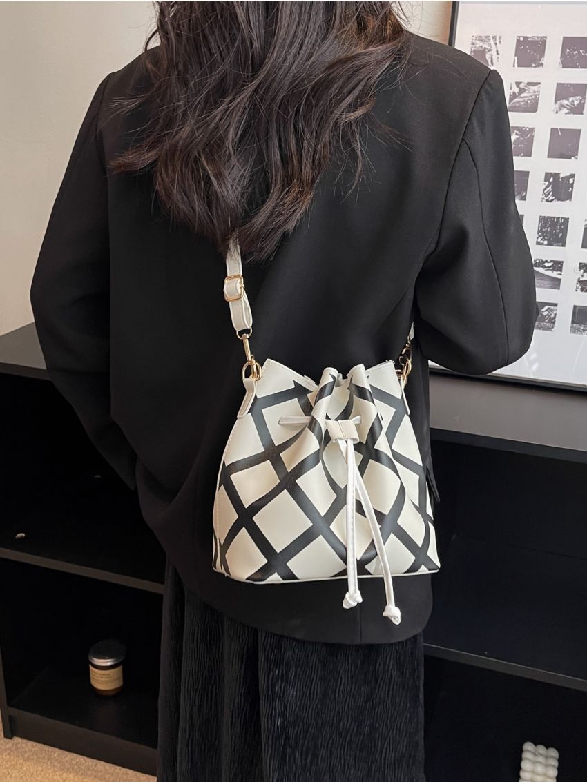 Plaid Pattern Drawstring Detail Bucket Bag