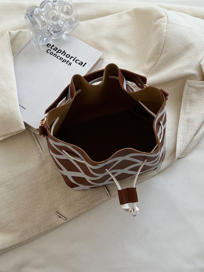 Plaid Pattern Drawstring Detail Bucket Bag