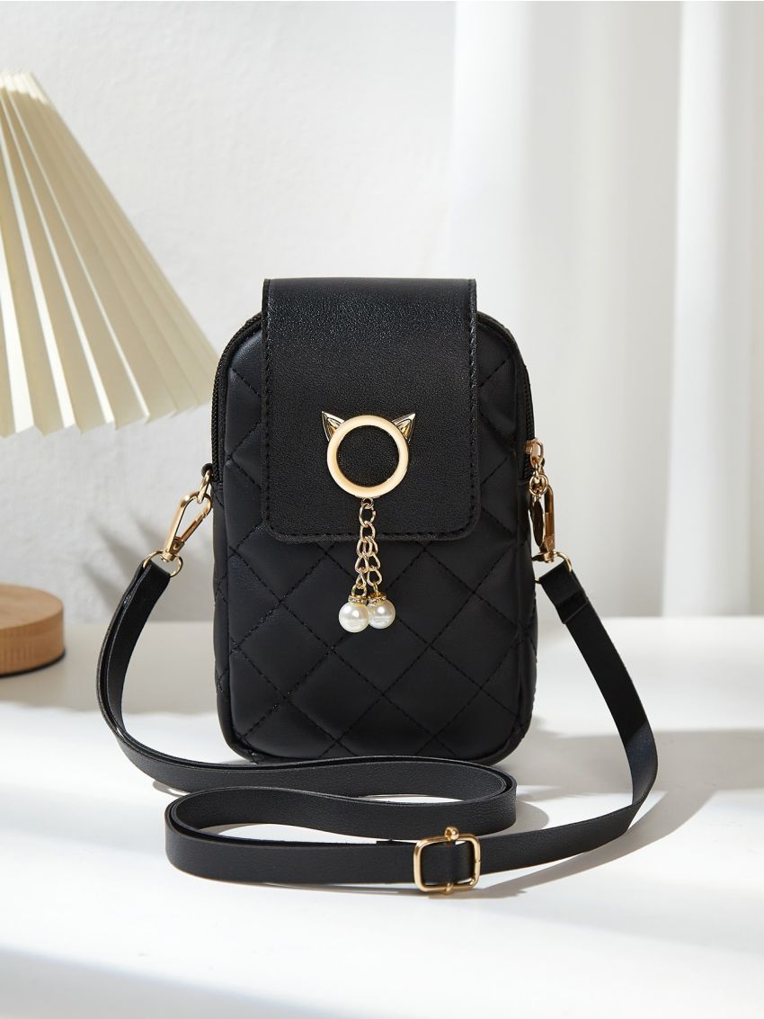 Faux Pearl Decor Argyle Quilted Phone Wallet