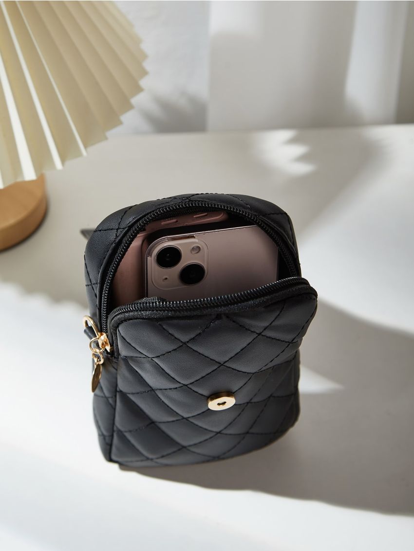 Faux Pearl Decor Argyle Quilted Phone Wallet