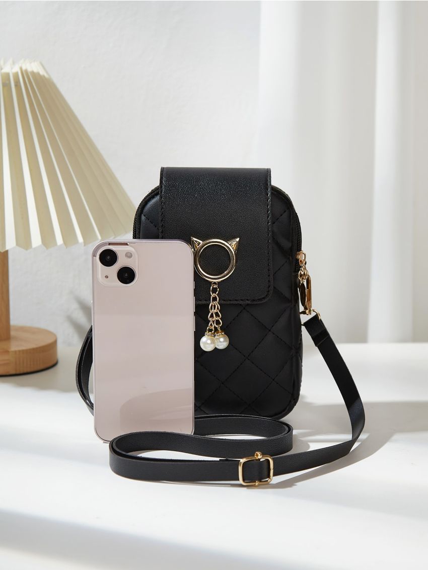 Faux Pearl Decor Argyle Quilted Phone Wallet