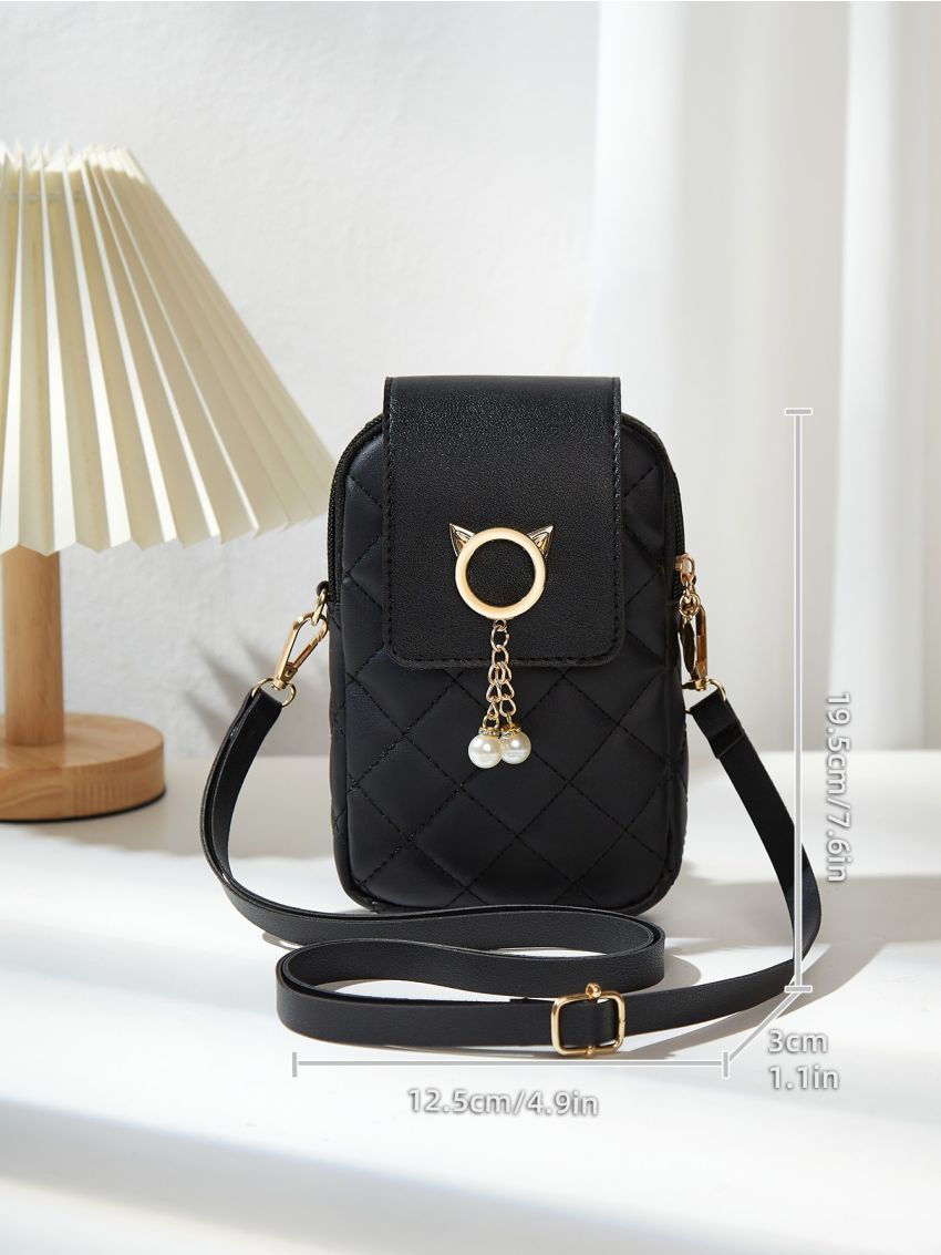 Faux Pearl Decor Argyle Quilted Phone Wallet