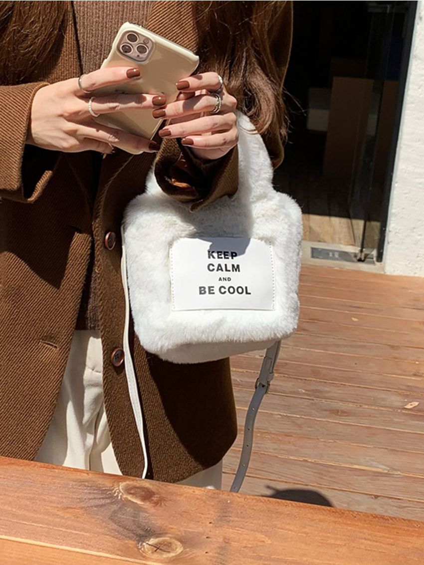 Mini Slogan Graphic Fluffy Square Bag