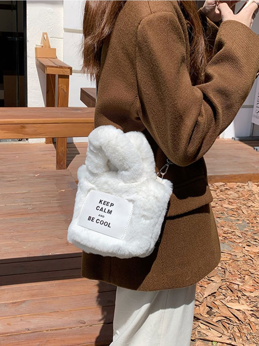 Mini Slogan Graphic Fluffy Square Bag