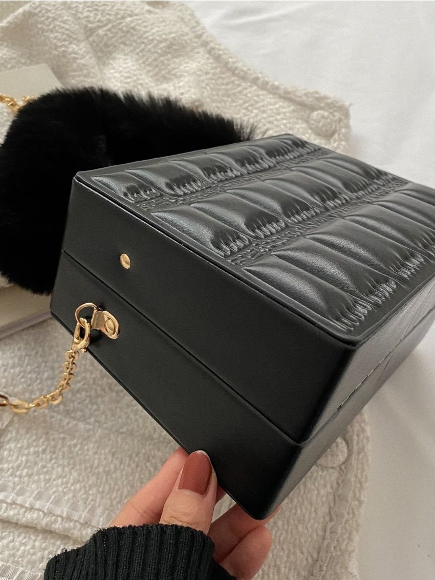 Mini Crocodile Embossed Fluffy Handle Box Bag